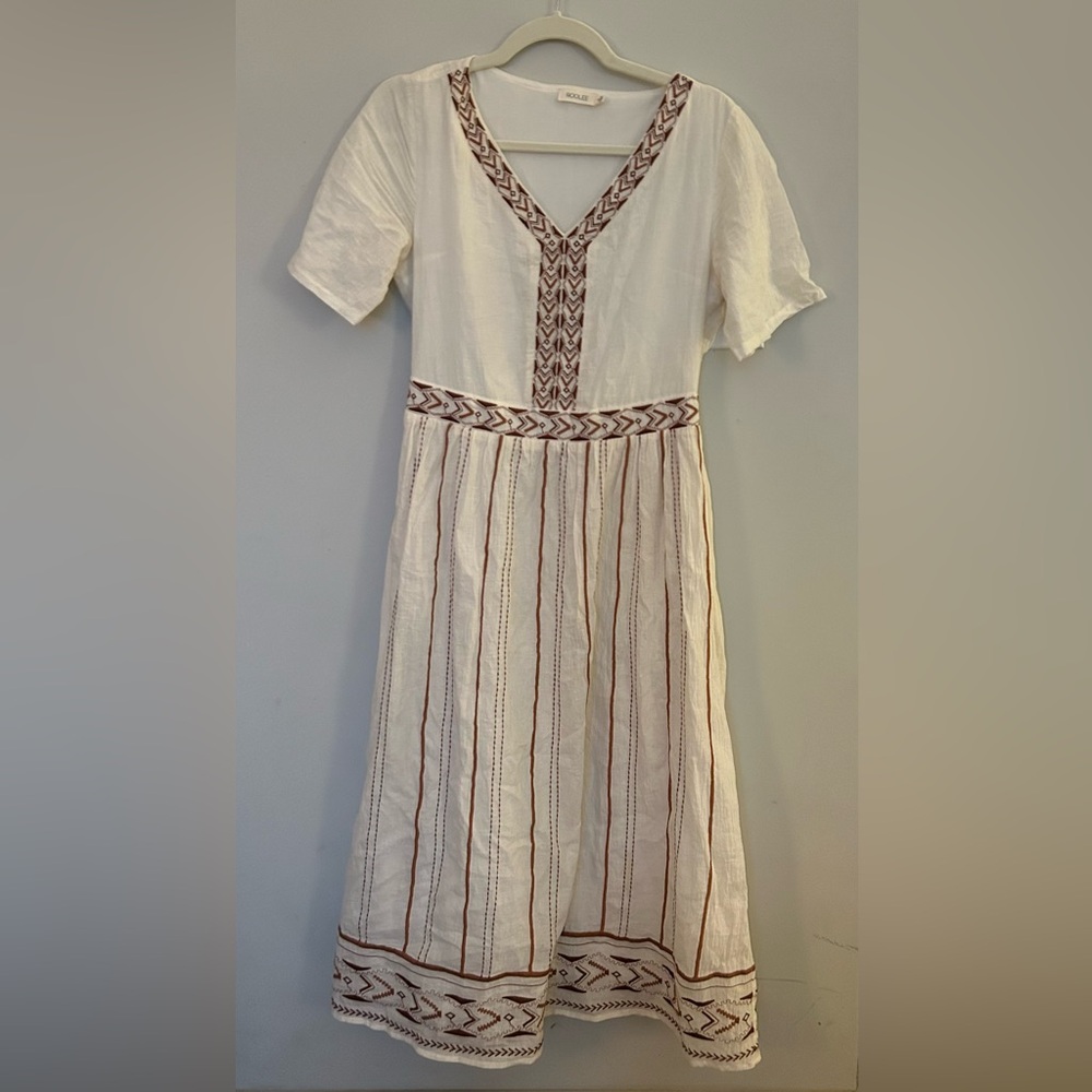 Roolee Cream and Brown Embroidered Midi Dress